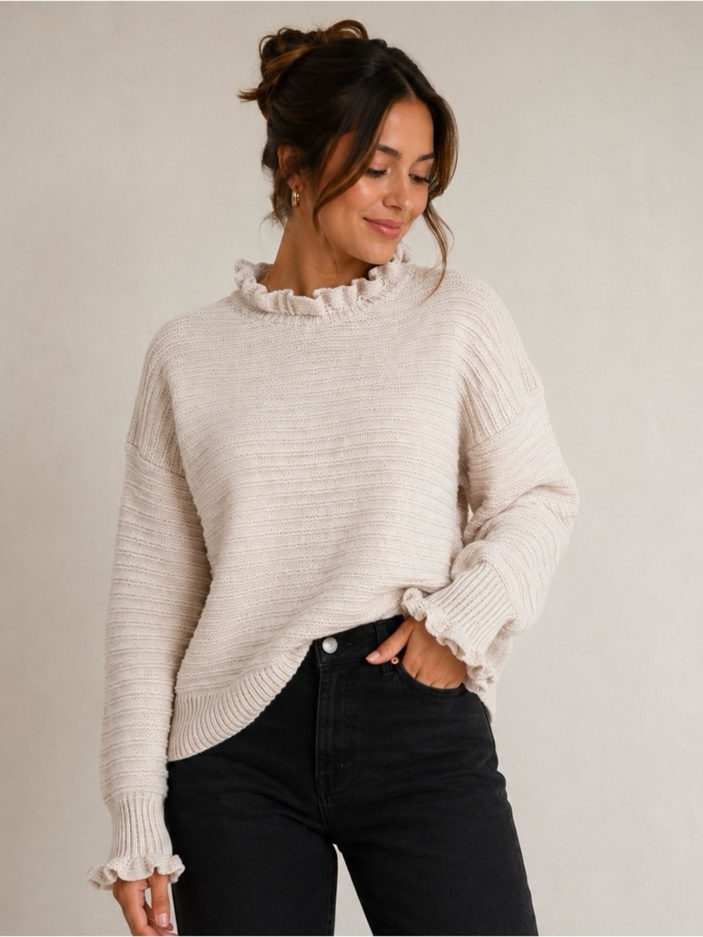 Madewell Cream Ruffle-Trim Scoop Neck Sweater